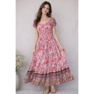 OSTOO Pink Floral Maxi Dress Smocked Bodice Puff Sleeve Boho Women L Feminine